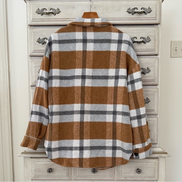 Vici Plaid Shacket in Brown, White & Gray - Picture 2 of 4